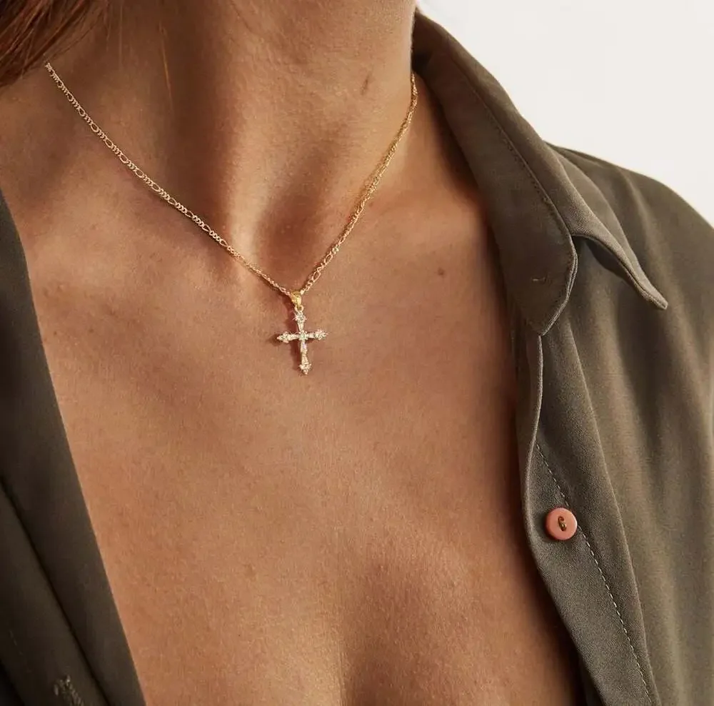 Luckfairy 14K Gold Plated Small Dainty CZ Cross‎ Pendant Necklace